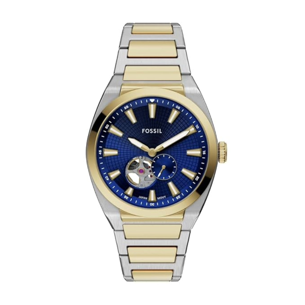 Two-tone Fossil watch with blue face on a white background
