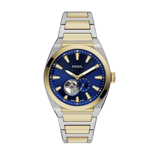 Two-tone Fossil watch with blue face on a white background
