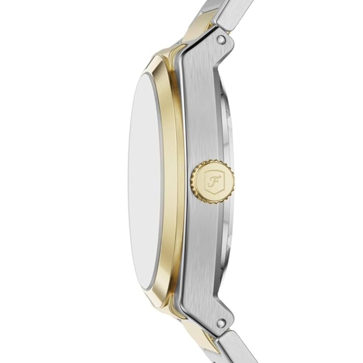 Close-up of a watch with gold and silver band on a white background
