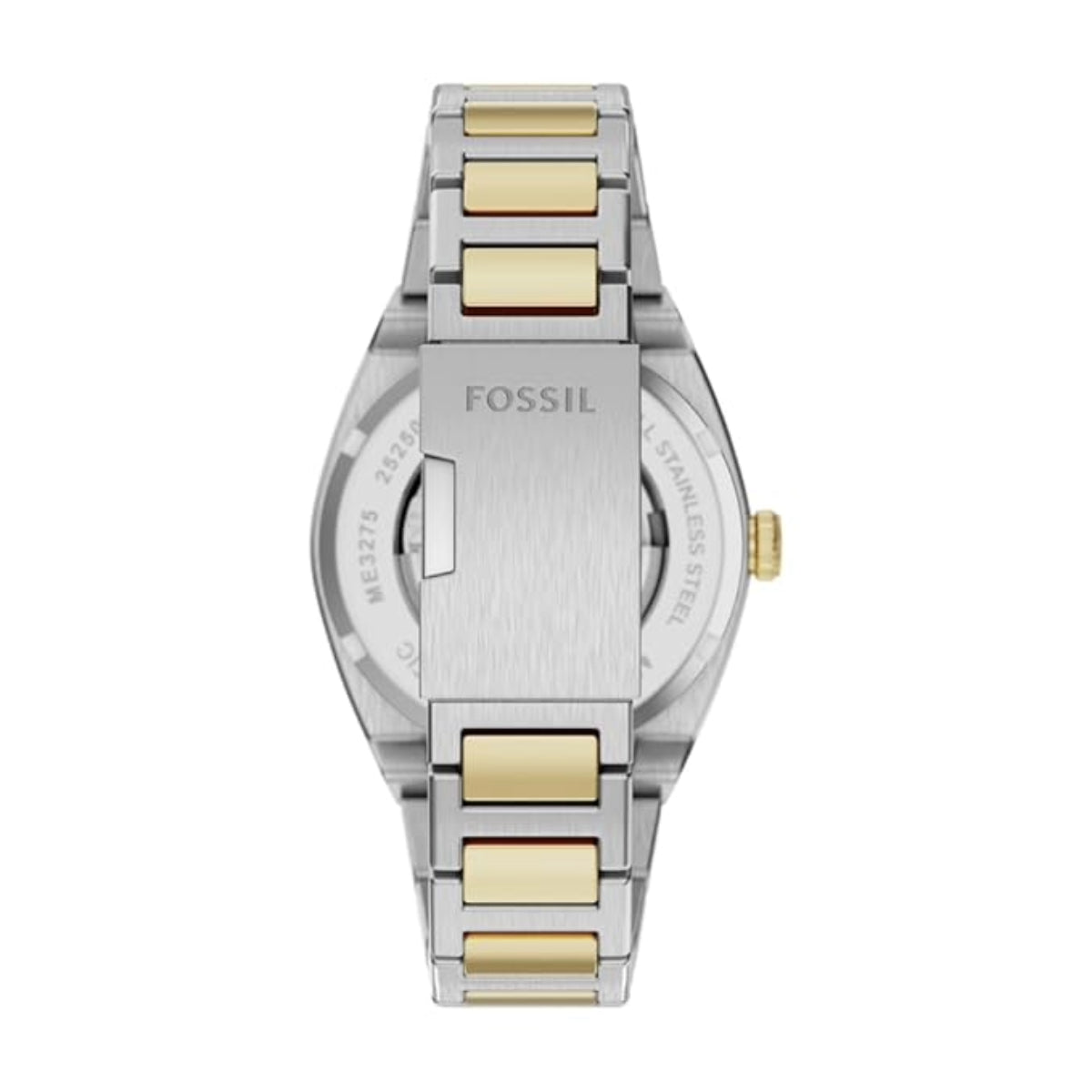 Fossil watch with two-tone silver and gold band on a white background