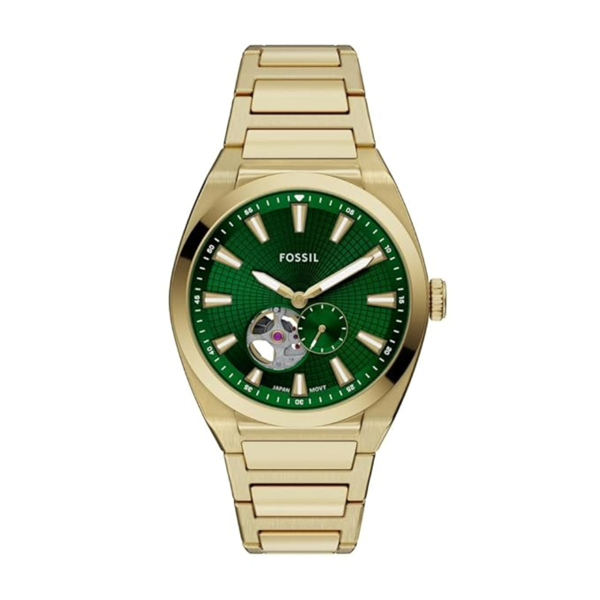 Gold watch with green face on a white background