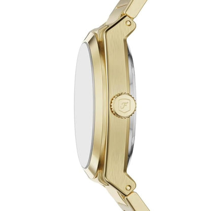 Gold watch with brand logo on a white background