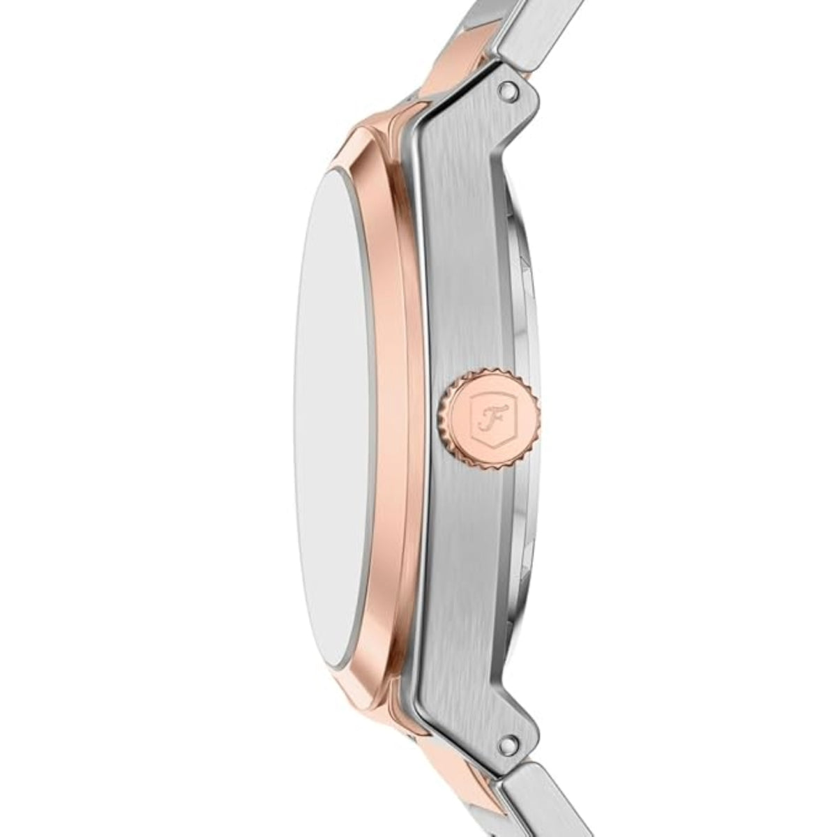 Close-up of a watch with rose gold and silver design on a white background