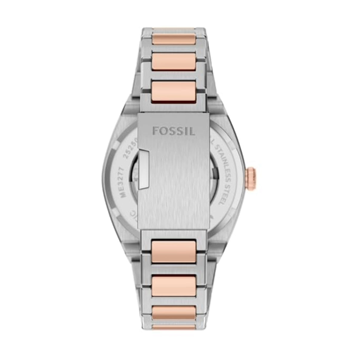 Fossil watch with silver and rose gold band on a white background