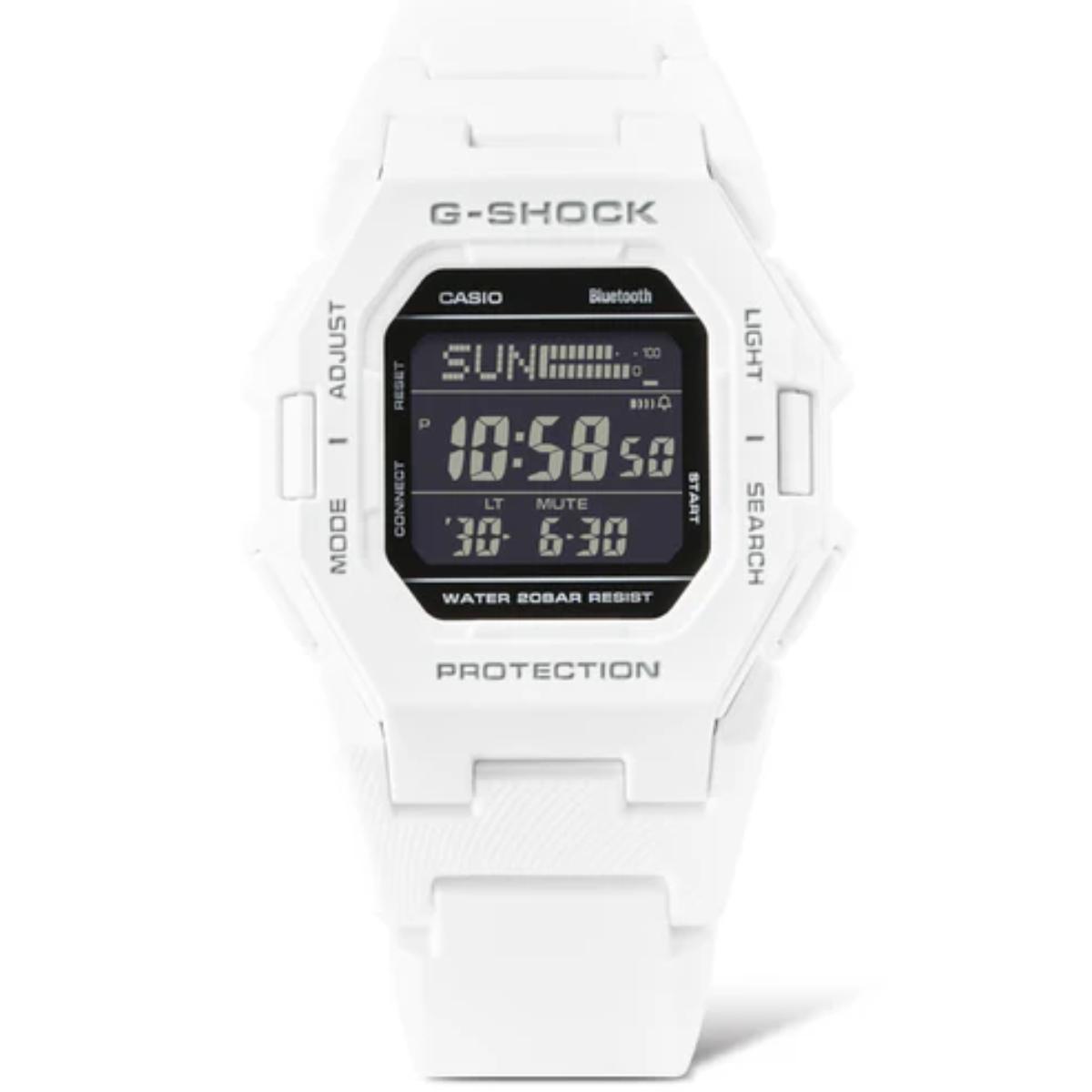 White Casio G-Shock digital watch on a white background