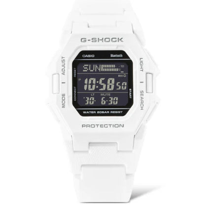 White Casio G-Shock digital watch on a white background