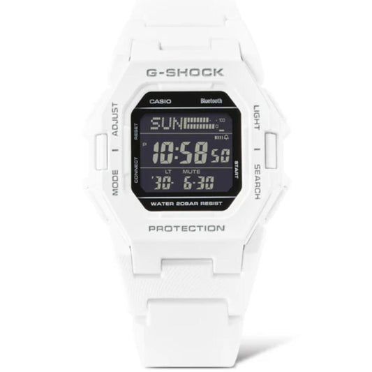 White Casio G-Shock digital watch on a white background
