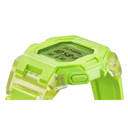 Digital watch with a bright green case on a gray background