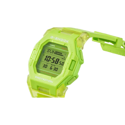 Green digital watch with a clear strap on a light gray background