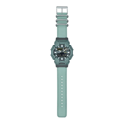 Green digital watch with a matching strap on a white background