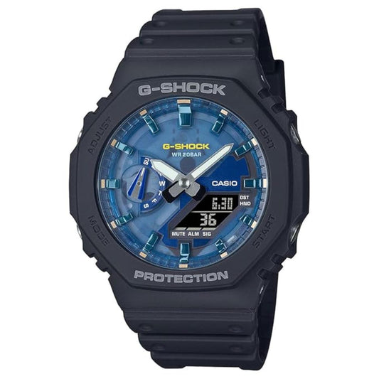 G-Shock watch with blue face and black casing on a white background