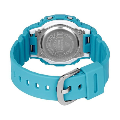 Back view of a blue Casio watch with silver buckle on a white background