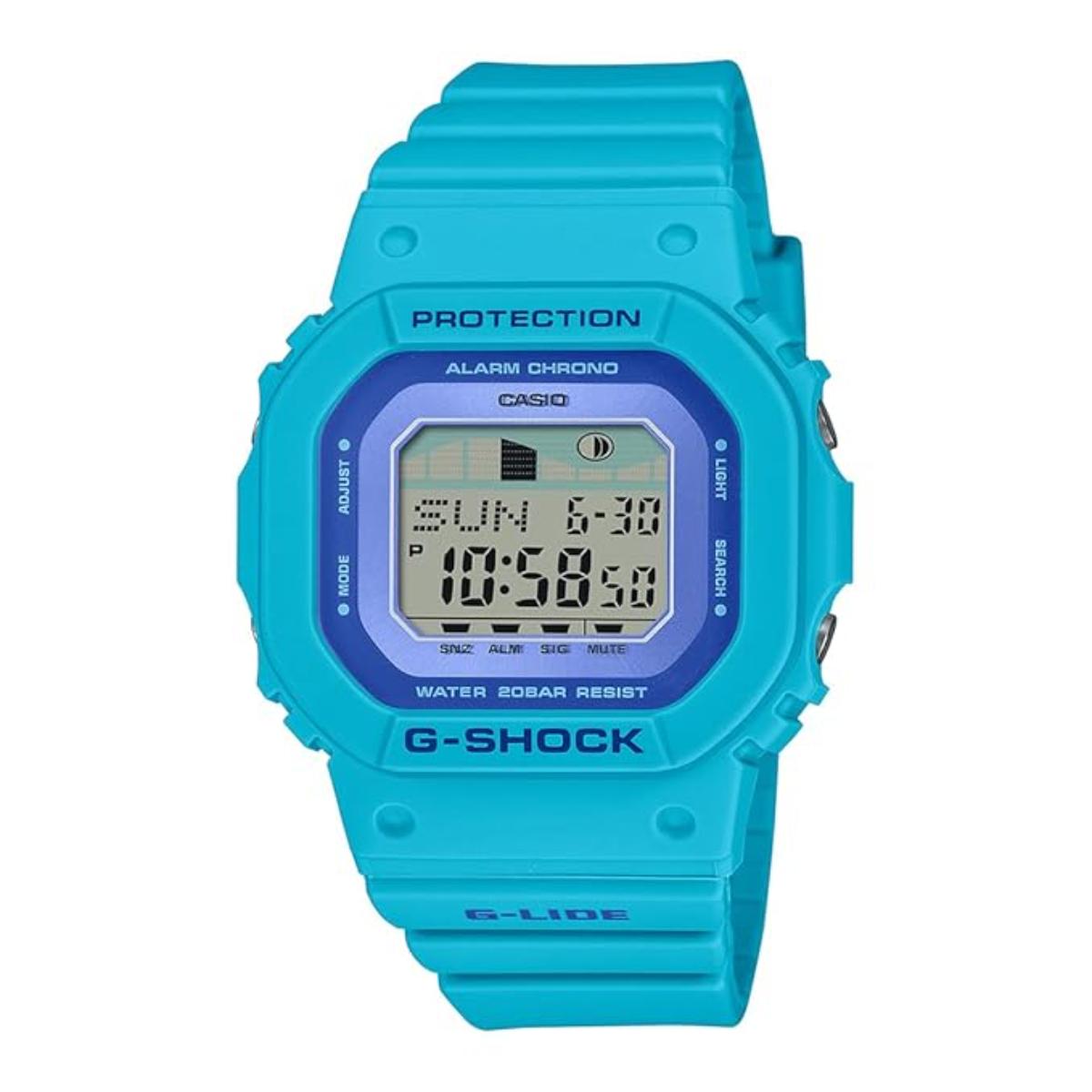 Blue Casio G-Shock digital watch on a white background
