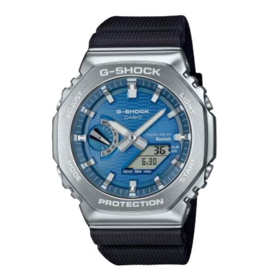 G-Shock Casio watch with blue face and black strap on a light gray background