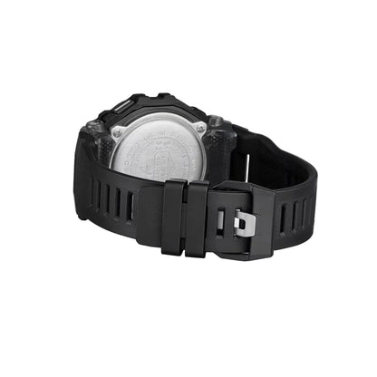 Black wristwatch on a light gray background