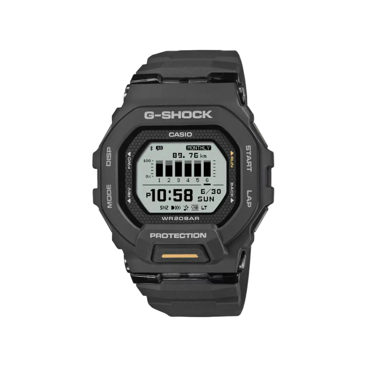Black Casio G-Shock digital watch on a white background