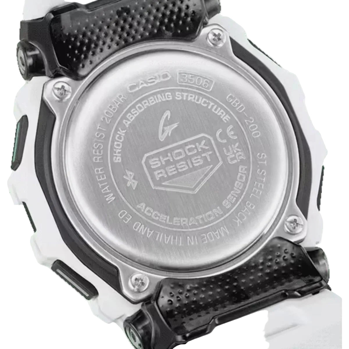 Back view of a Casio watch with 'Shock Assist' feature on a white background