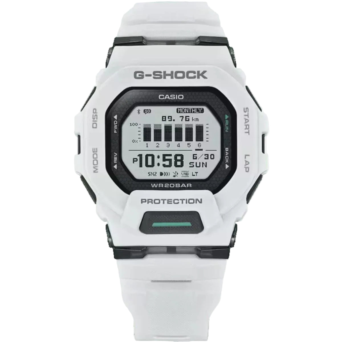 White Casio G-Shock digital watch on a white background