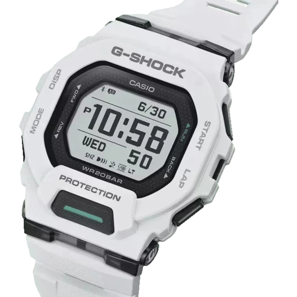 White G-Shock Casio digital watch on a white background