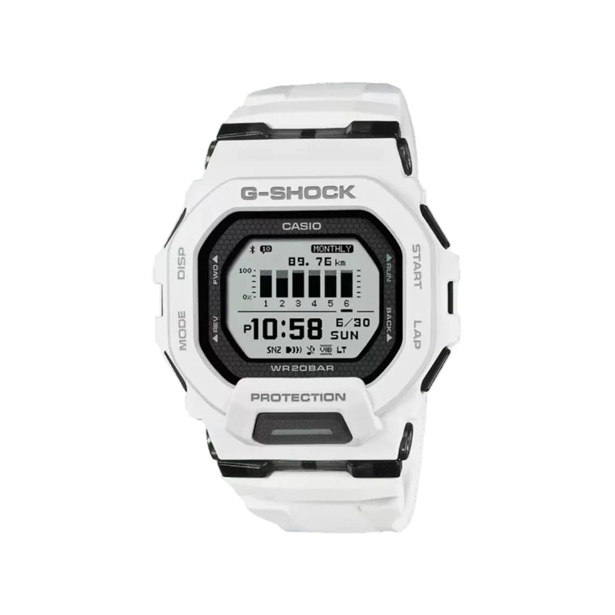 White Casio G-Shock digital watch on a light gray background