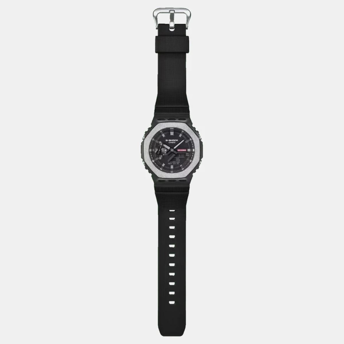 Black watch with a detailed face on a light gray background