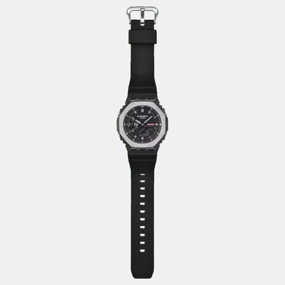Black watch with a detailed face on a light gray background