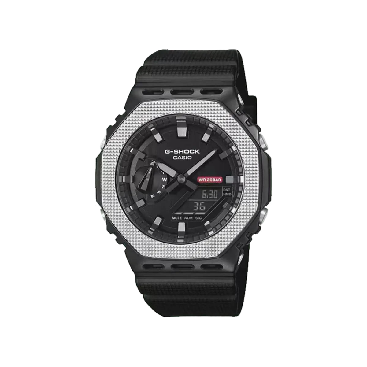 G-Shock Casio watch with black and silver design on a light gray background