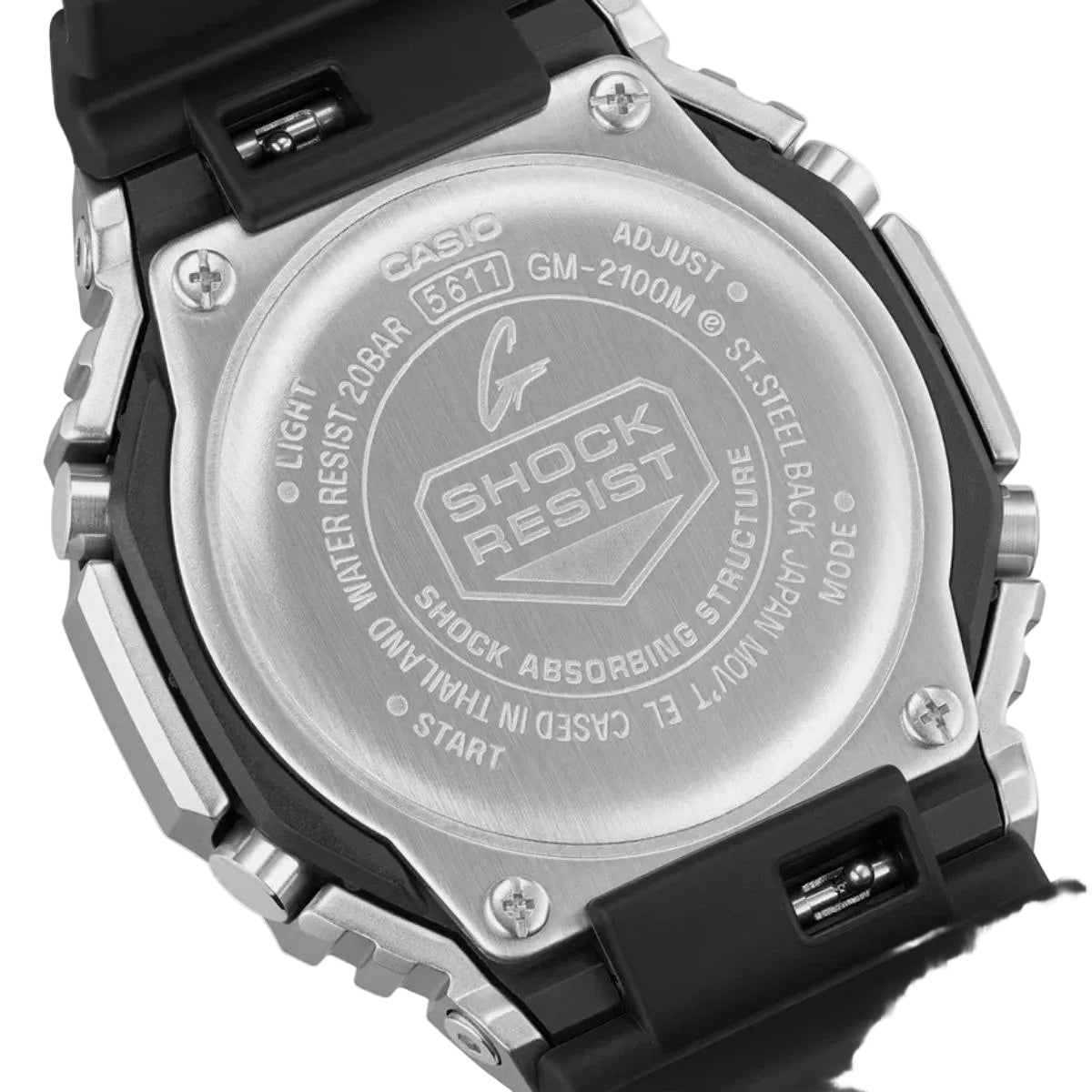 Back view of a Casio G-Shock watch with 'Shock Resist' text on a white background