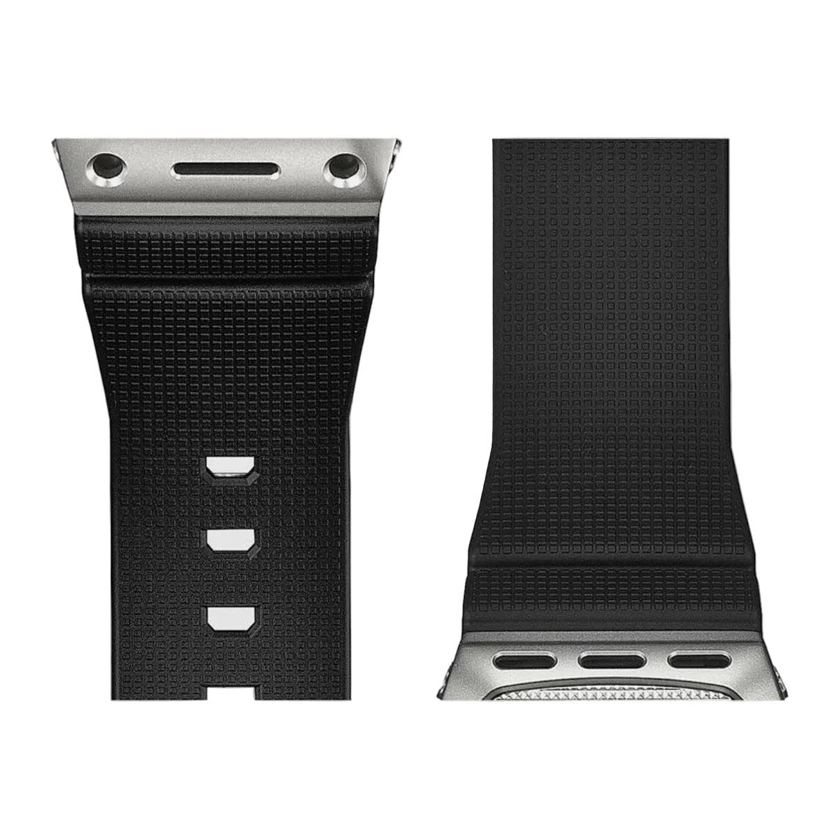 Black watch strap with metal clasp on a light gray background