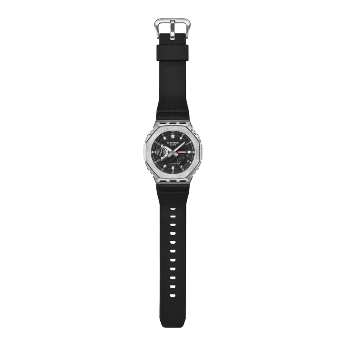Black watch with a detailed face on a white background