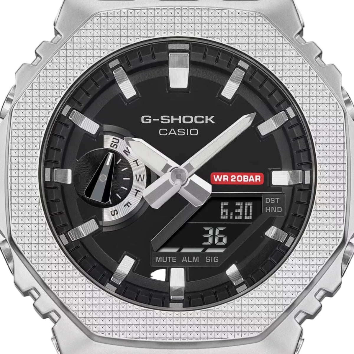 G-Shock Casio watch with silver and black design on a white background