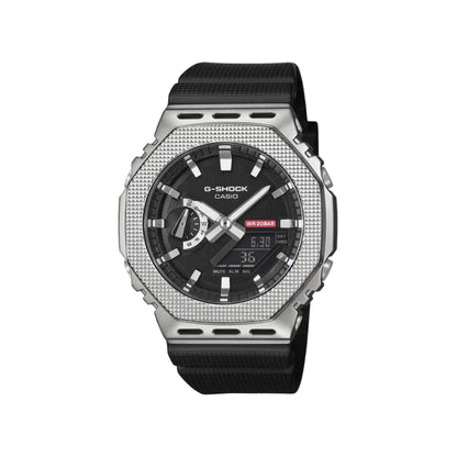 G-Shock Casio watch with black and silver design on a light gray background