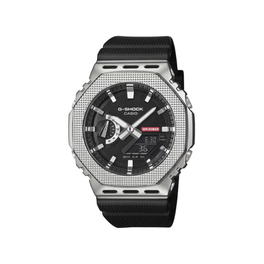 G-Shock Casio watch with black and silver design on a light gray background