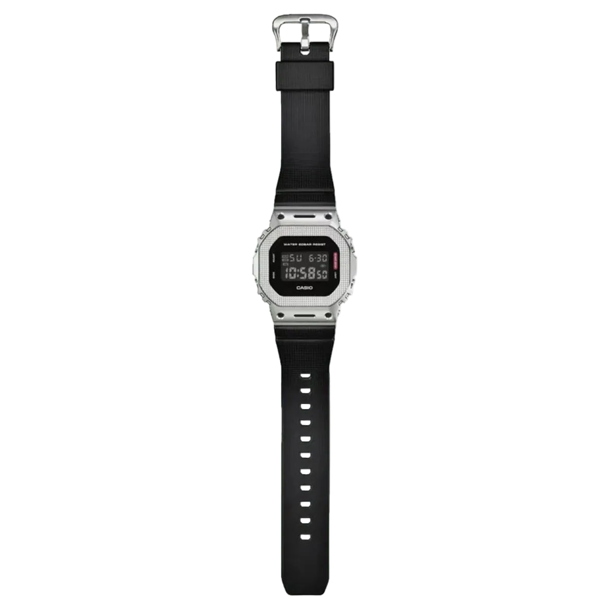 Digital watch with black strap on a white background