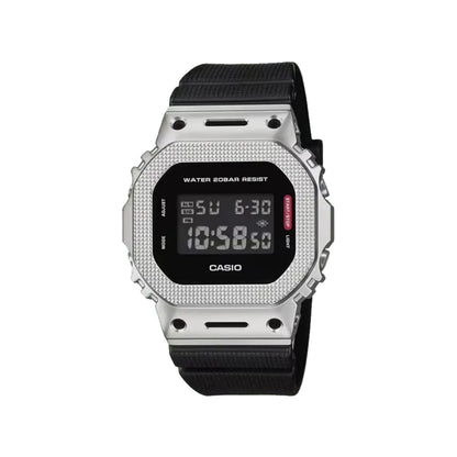 Digital watch with black strap and silver case on a white background