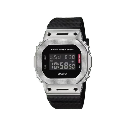 Digital watch with black strap and silver case on a white background