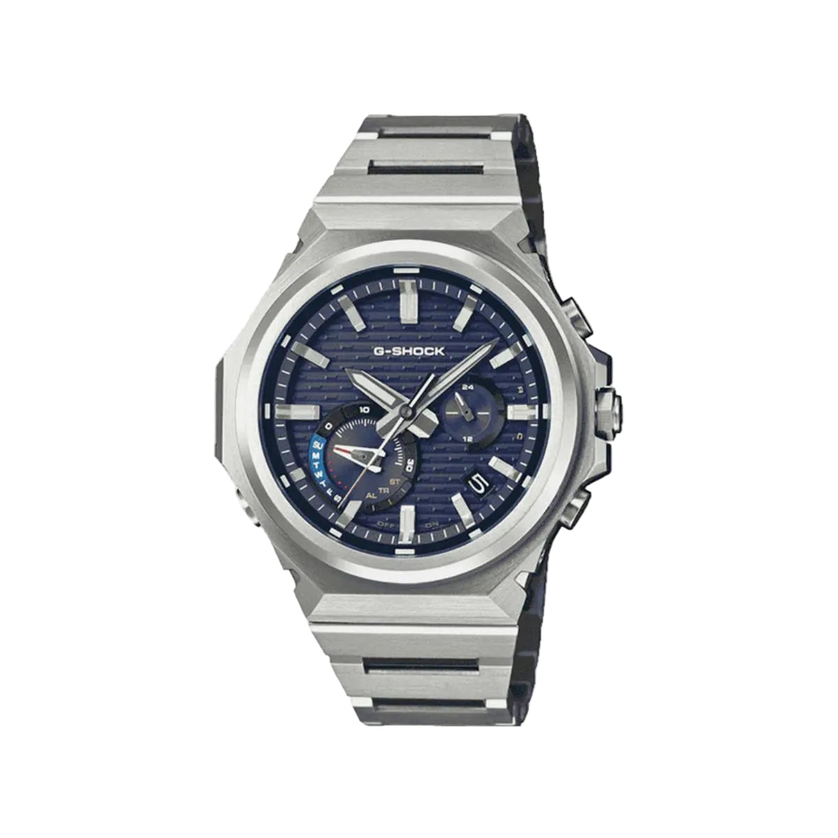 Silver G-Shock watch with blue face on a white background