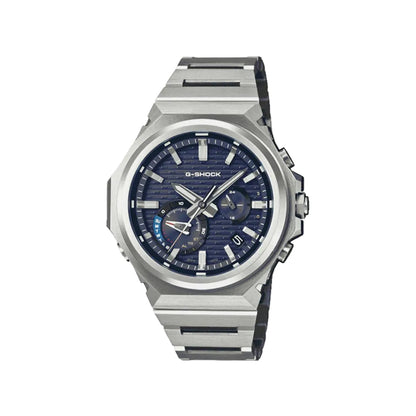 Silver G-Shock watch with blue face on a white background