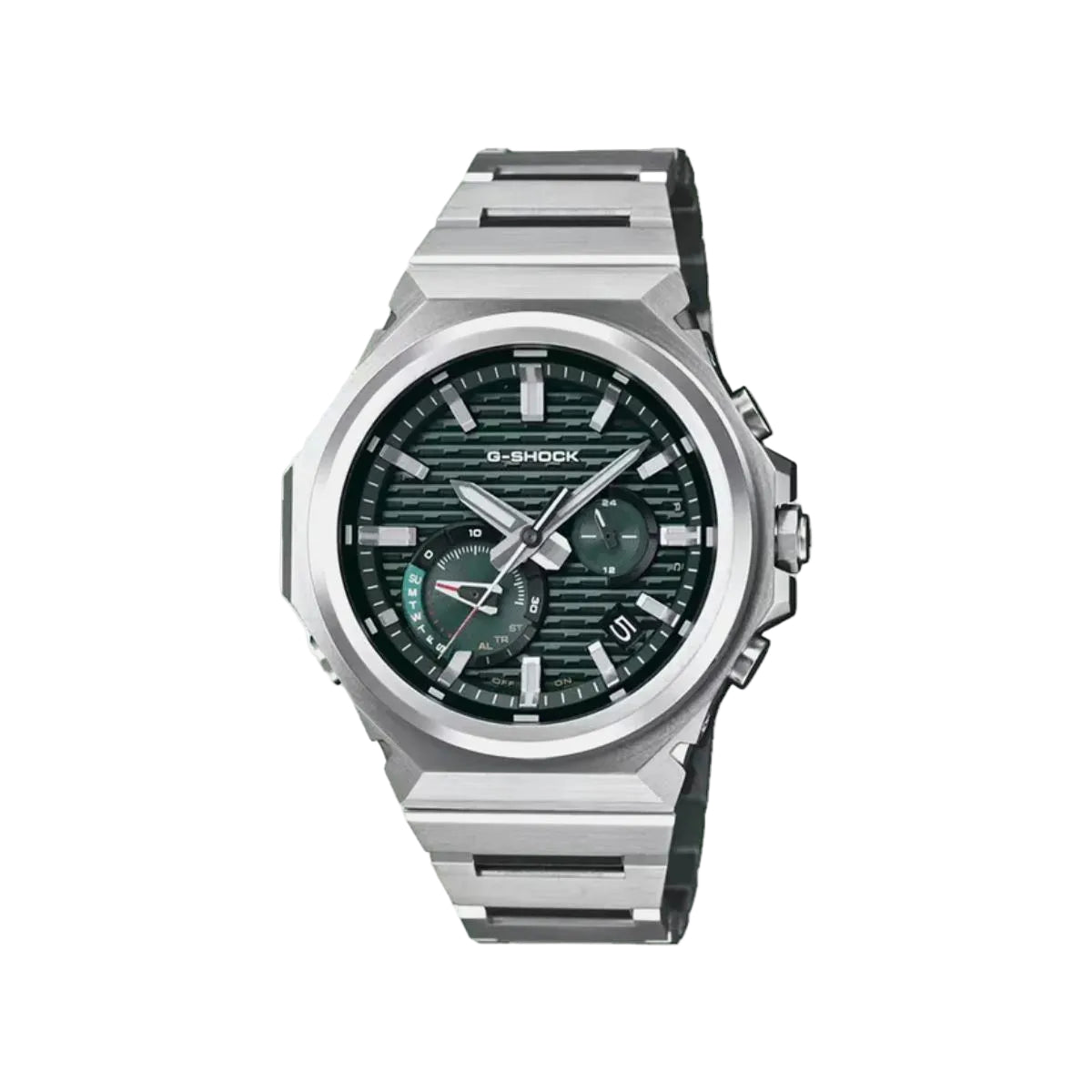 Silver G-Shock watch with a detailed face on a white background