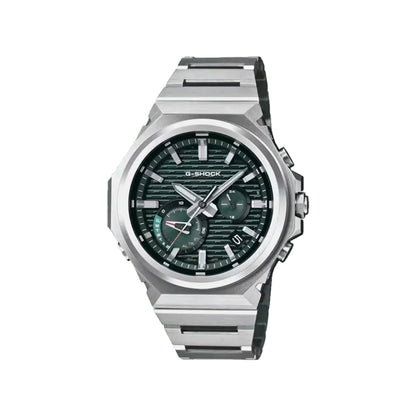 Silver G-Shock watch with a detailed face on a white background