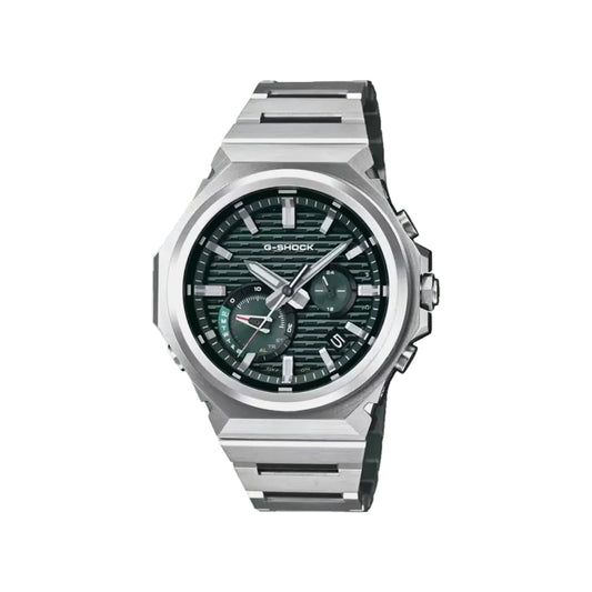 Silver G-Shock watch with a detailed face on a white background