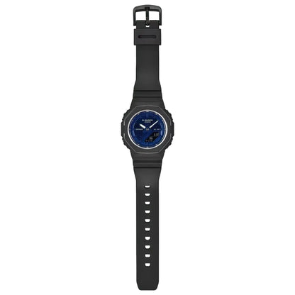 Black watch with blue face on a white background
