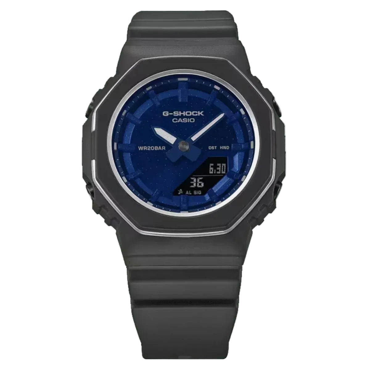 Black Casio G-Shock watch with blue face on a white background