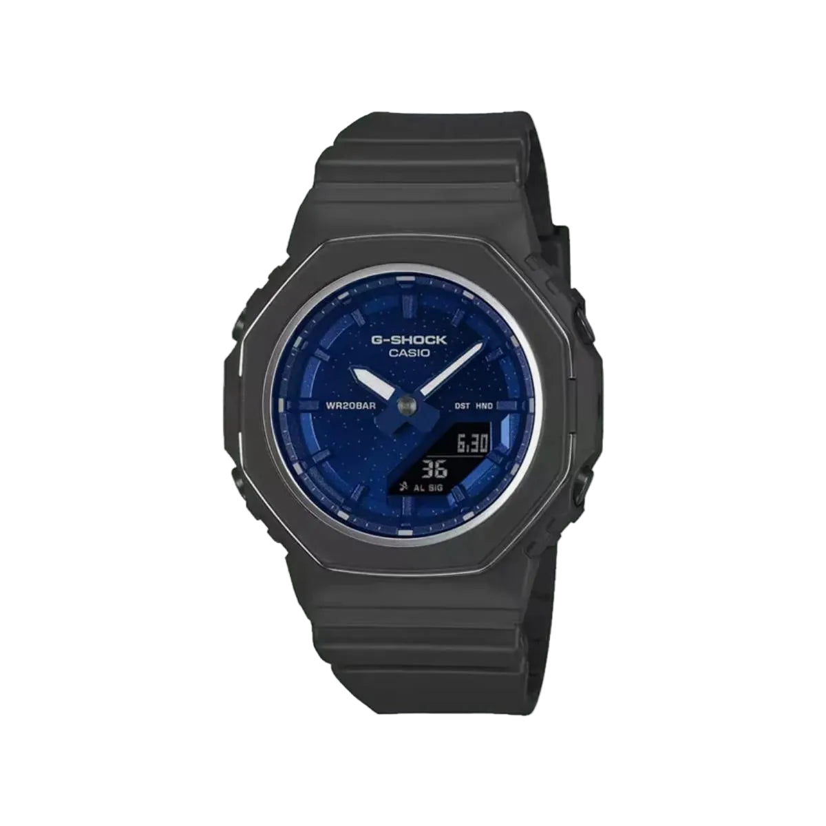 Black Casio G-Shock watch with blue face on a light gray background