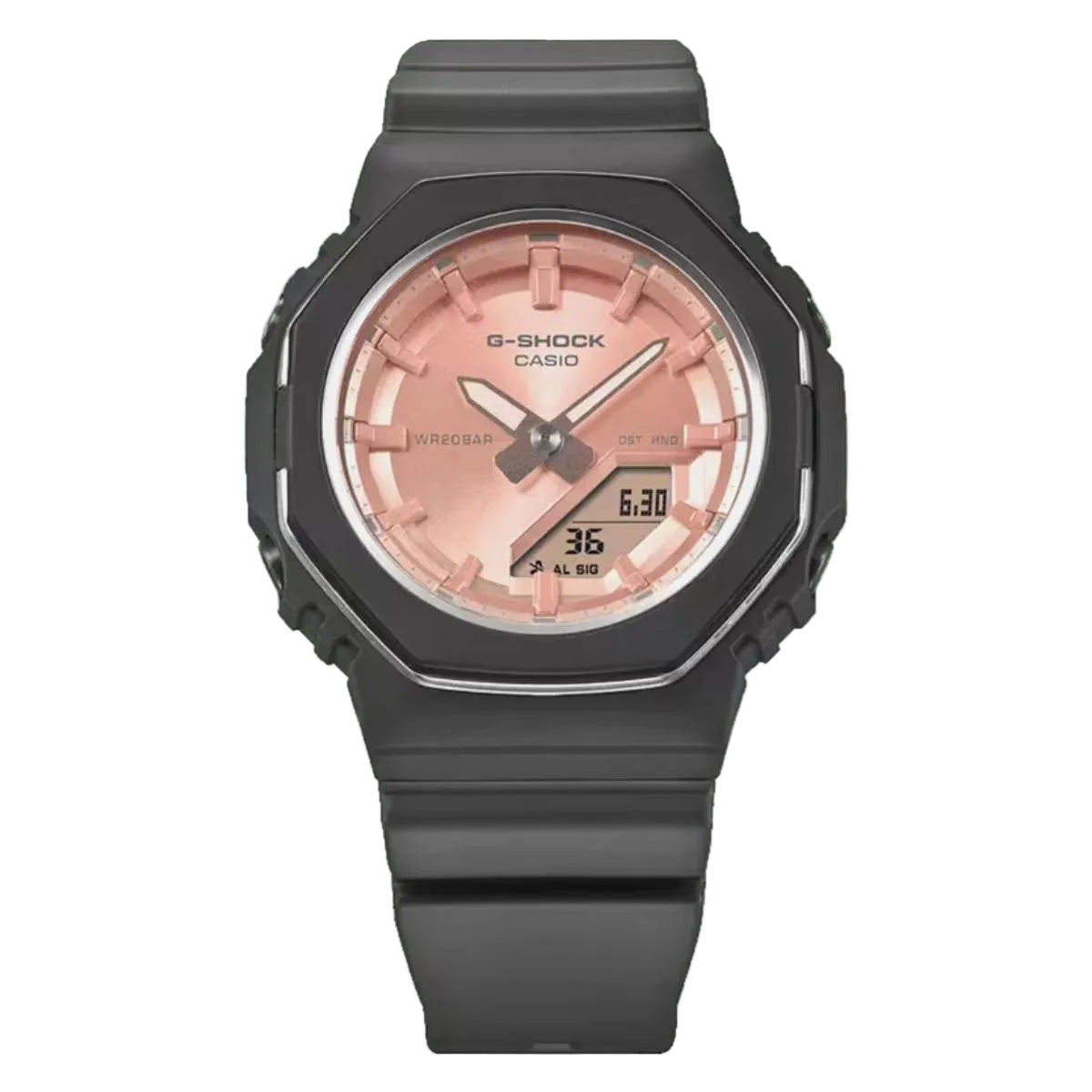Black Casio G-Shock watch with a pink face on a white background