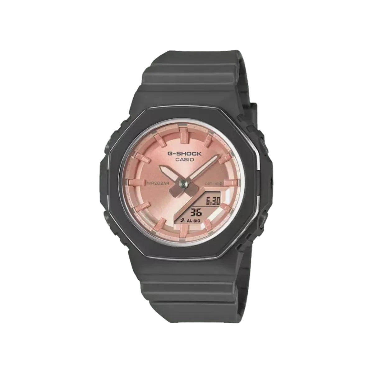 G-Shock Casio watch with black case and rose gold face on a white background