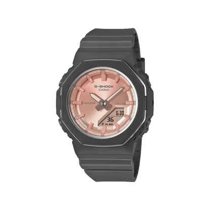 G-Shock Casio watch with black case and rose gold face on a white background