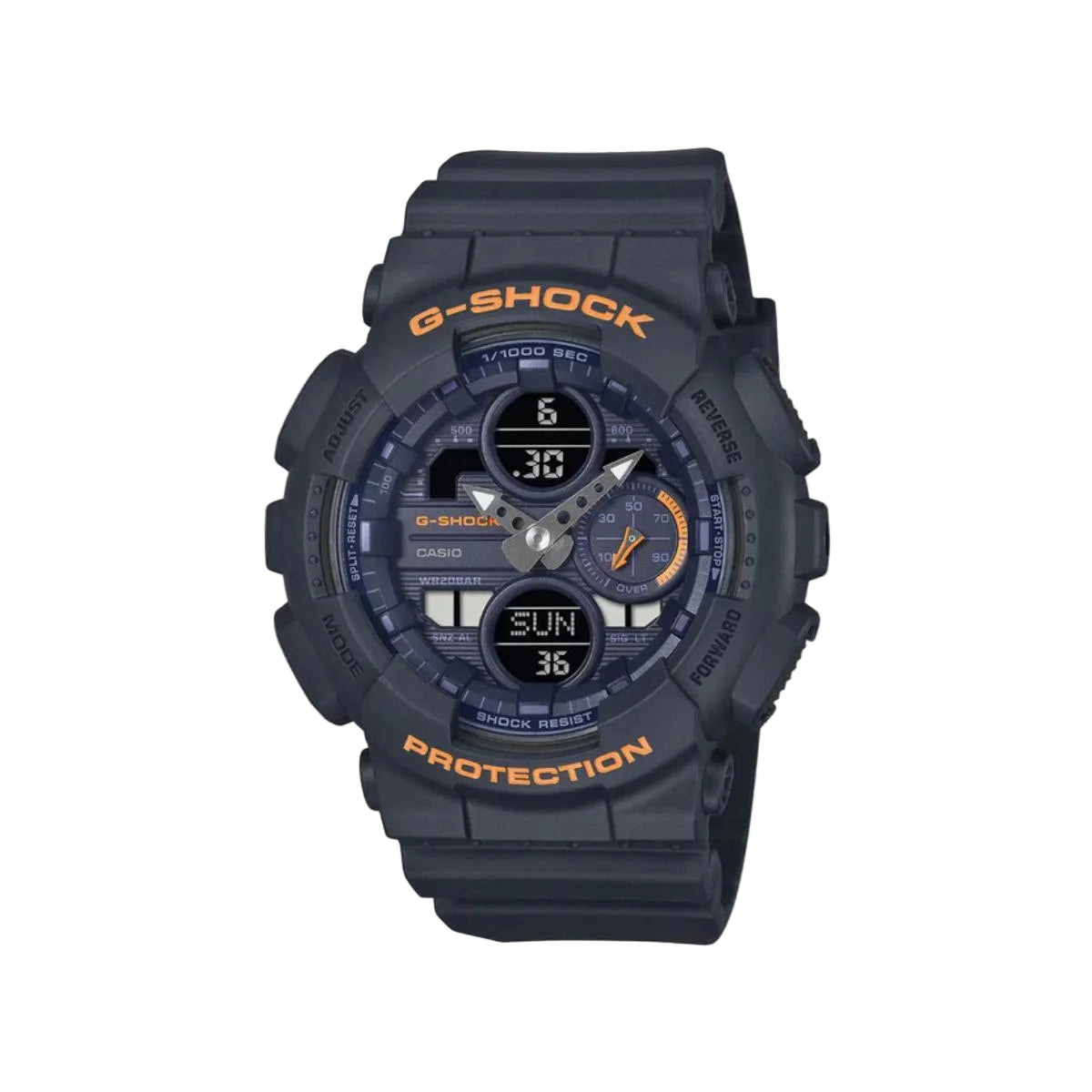 G-Shock watch with black and orange design on a light gray background