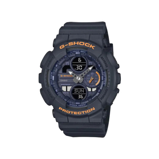 G-Shock watch with black and orange design on a light gray background