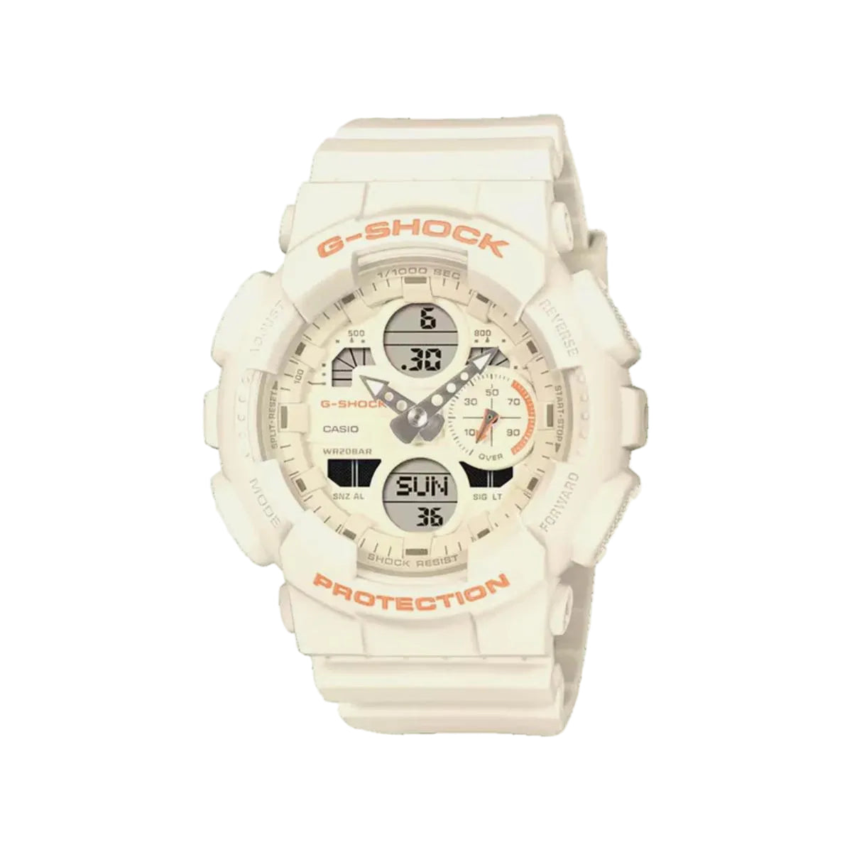 White G-Shock watch with orange text on a white background